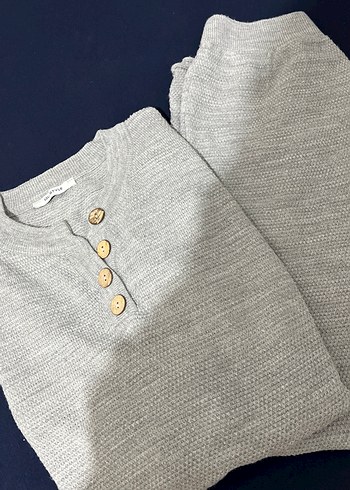 Düğmeli Gri Triko Midi Kazak takım - Görsel 2