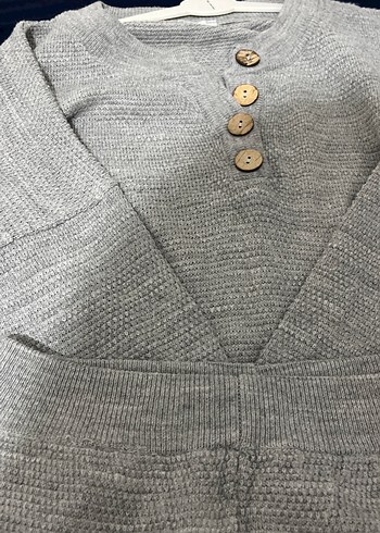 Düğmeli Gri Triko Midi Kazak takım - Görsel 5