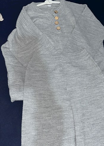 Düğmeli Gri Triko Midi Kazak takım - Görsel 4