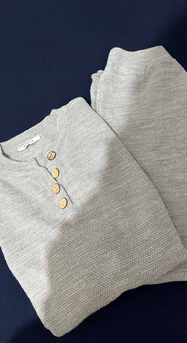 Düğmeli Gri Triko Midi Kazak takım - Görsel 2