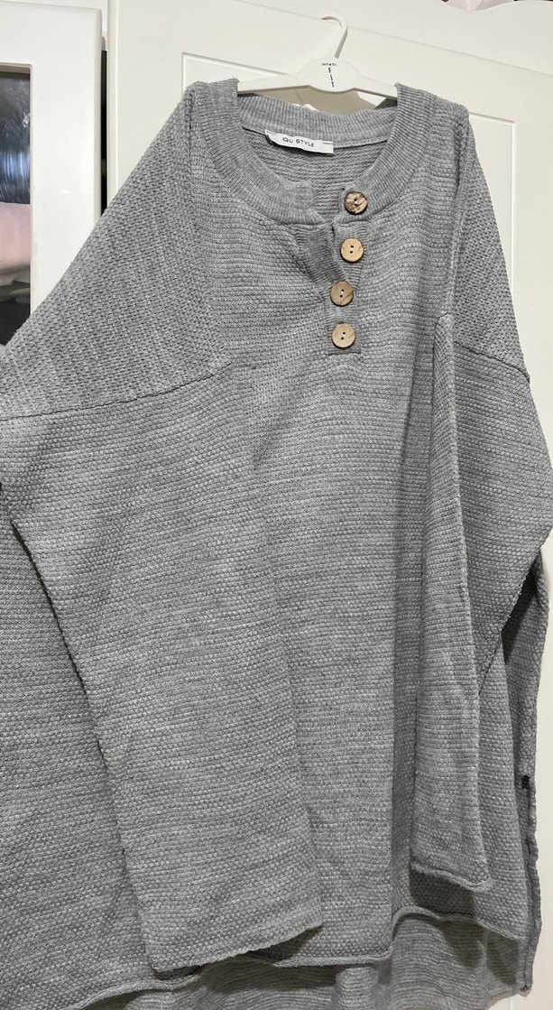 Düğmeli Gri Triko Midi Kazak takım - Görsel 3