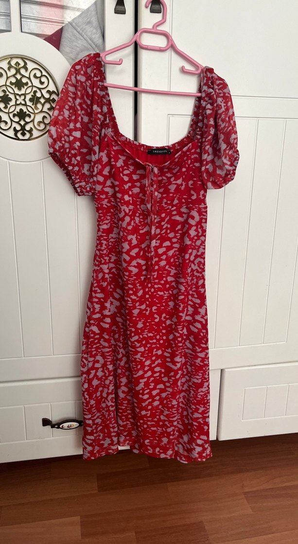 Kırmızı V Yaka Midi Bohem Elbise - Görsel 2