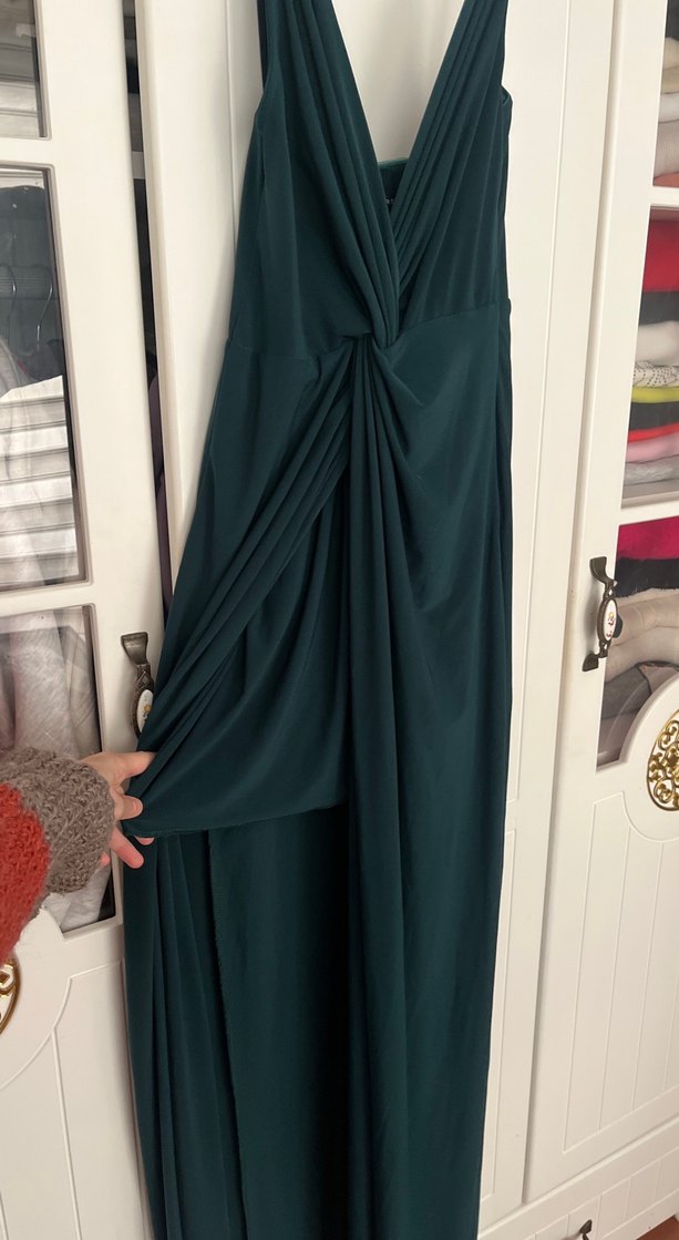 Koyu Yeşil Drapeli Uzun Kadın Elbise abiye tarzı mezuniyet - Görsel 2