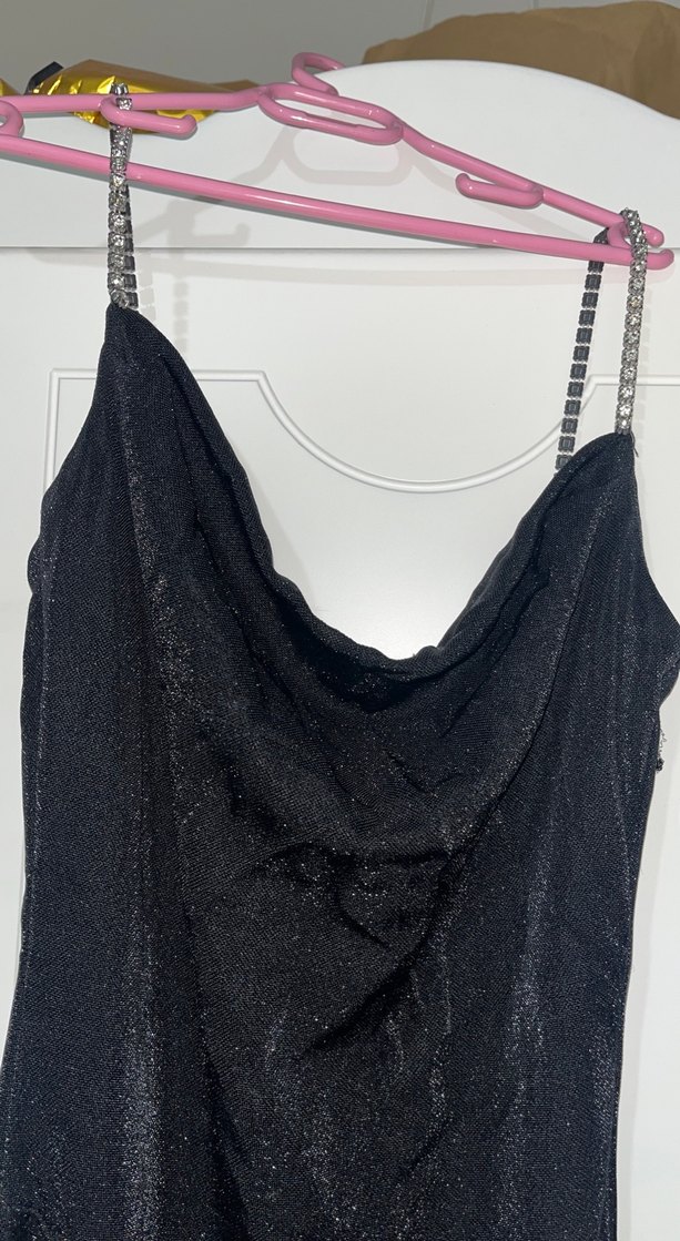 Uzun Siyah simli  Drapeli Elbise - Görsel 2