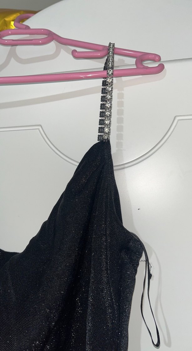 Uzun Siyah simli  Drapeli Elbise - Görsel 4