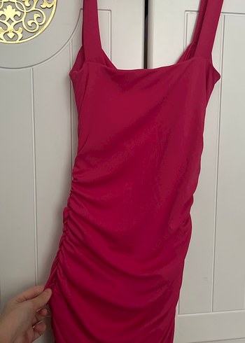 Drapeli Straplez Pembe mini Abiye Elbise - Görsel 6