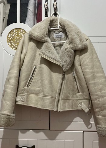 Bej Suni Kürklü Süet Crop Biker Ceket - Görsel 2