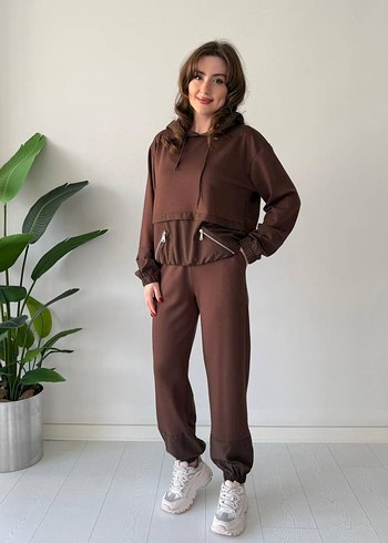 Kahverengi Kapüşonlu Rahat Kadın Eşofman Takımı - Görsel 2
