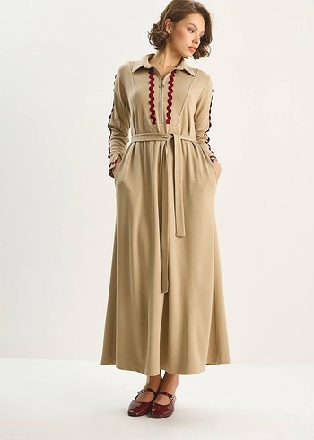 Bej Kadın Uzun Nakışlı Elbise - Görsel 2