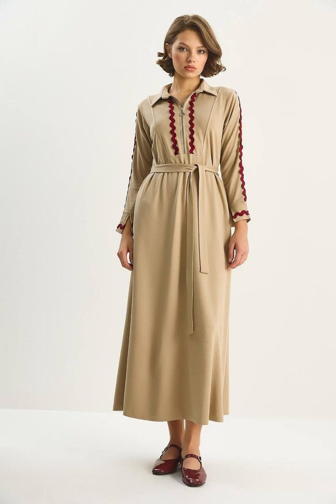 Bej Kadın Uzun Nakışlı Elbise - Görsel 3