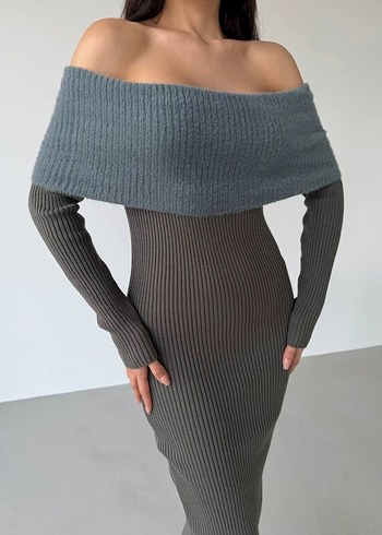 Gri Triko Straplez Uzun Kadın Elbise - Görsel 2