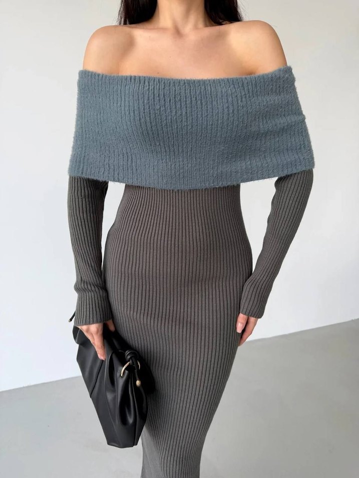 Gri Triko Straplez Uzun Kadın Elbise - Görsel 4