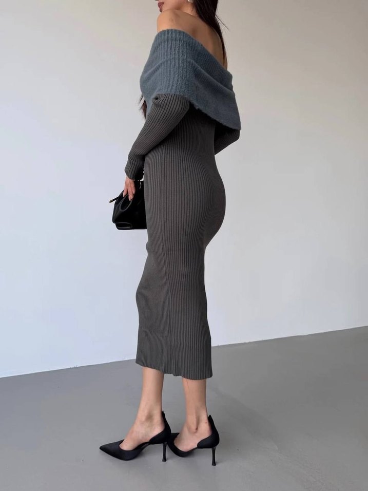 Gri Triko Straplez Uzun Kadın Elbise - Görsel 3