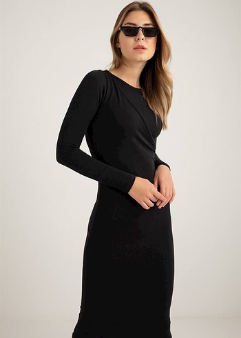 Siyah V Yakalı Uzun Triko Elbise - Görsel 4