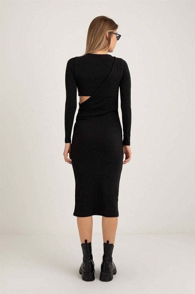 Siyah V Yakalı Uzun Triko Elbise - Görsel 2