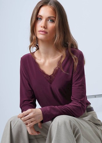 Bordo V Yaka Uzun Kollu Kadın Bluz - Görsel 2