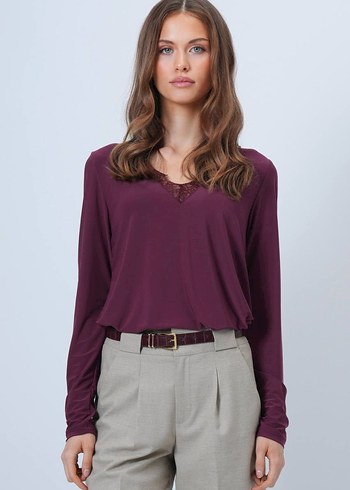 Bordo V Yaka Uzun Kollu Kadın Bluz - Görsel 3