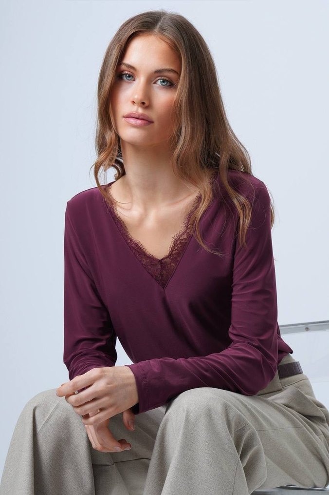 Bordo V Yaka Uzun Kollu Kadın Bluz - Görsel 2