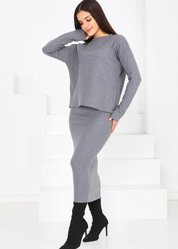 Gri Uzun Triko Kadın İkili takım - Görsel 4