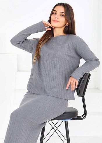 Gri Uzun Triko Kadın İkili takım - Görsel 2