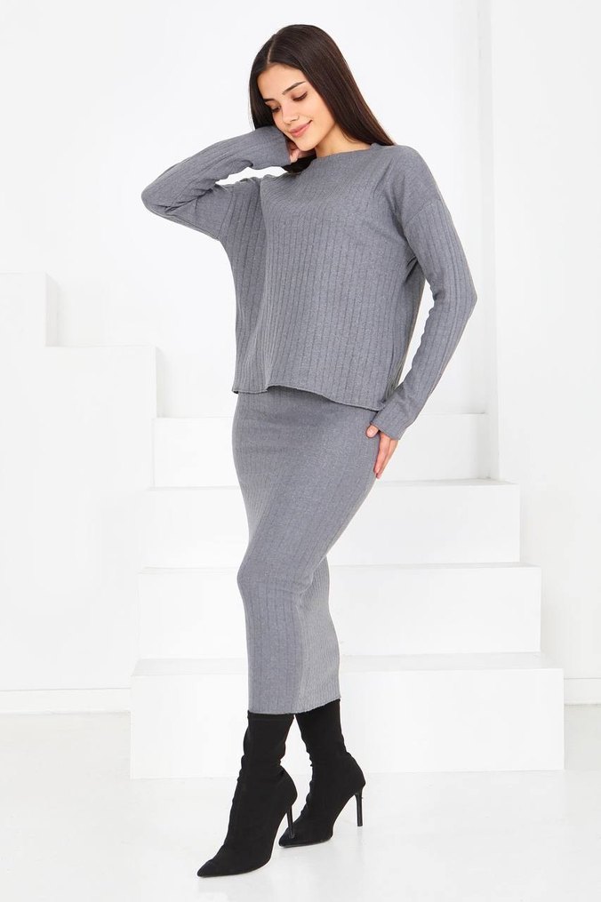 Gri Uzun Triko Kadın İkili takım - Görsel 4