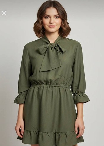 Khaki V Yaka Kısa Elbise - Görsel 2