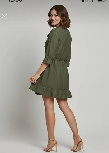 Khaki V Yaka Kısa Elbise - Görsel 3