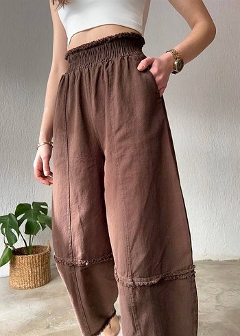 Kadın Kahverengi Keten Salaş Pantolon - Görsel 3
