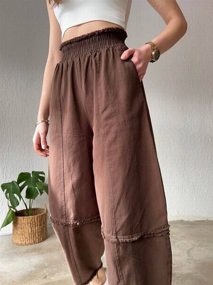 Kadın Kahverengi Keten Salaş Pantolon - Görsel 3