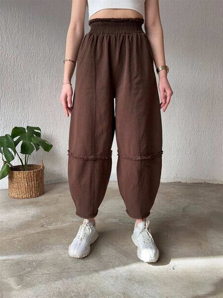 Kadın Kahverengi Keten Salaş Pantolon - Görsel 2