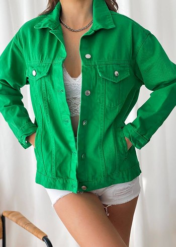 Düğmeli Yeşil Kadın Kot Ceket - Görsel 3