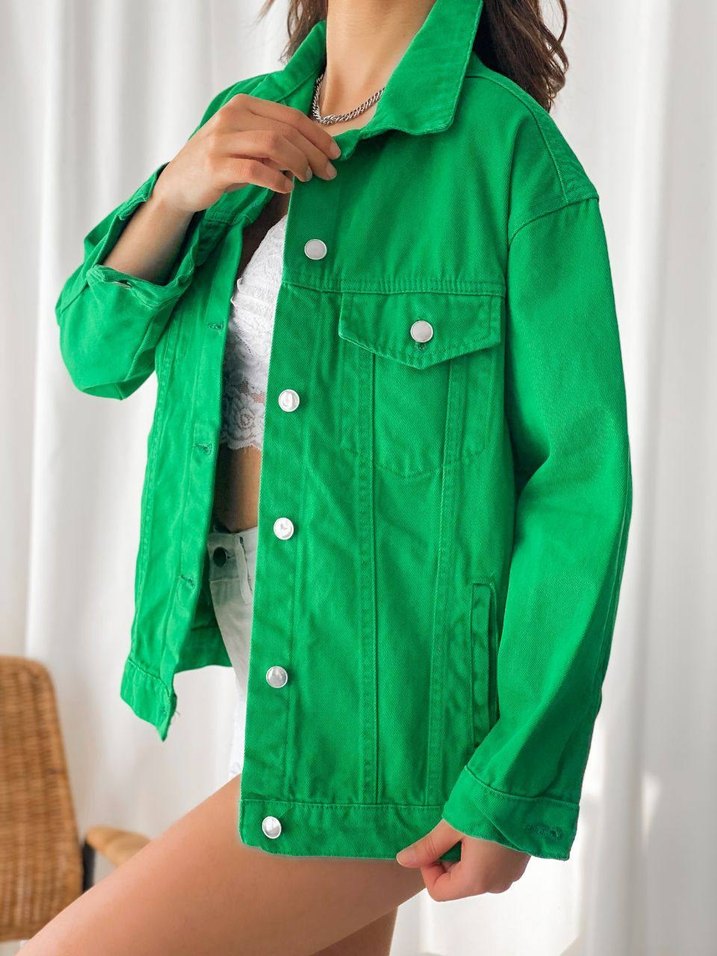 Düğmeli Yeşil Kadın Kot Ceket - Görsel 4