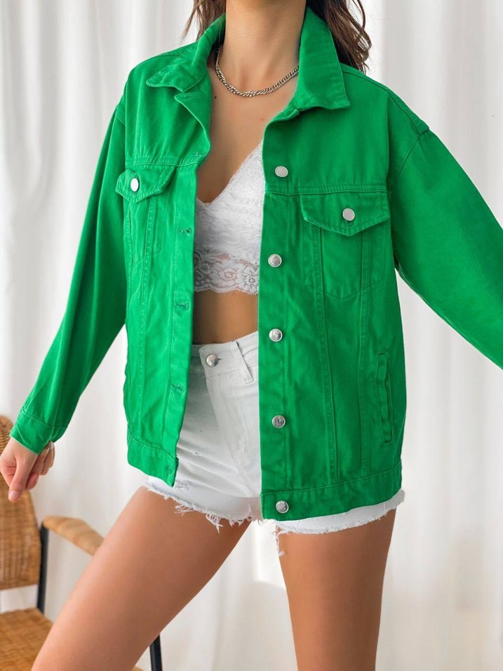 Düğmeli Yeşil Kadın Kot Ceket - Görsel 2