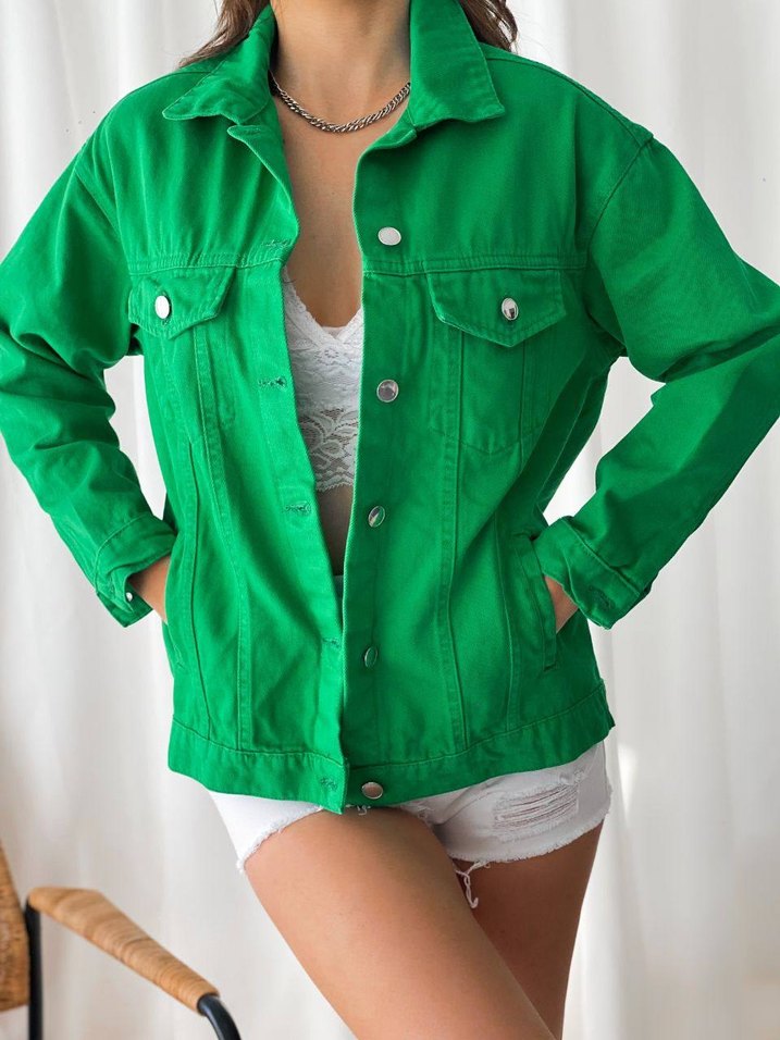 Düğmeli Yeşil Kadın Kot Ceket - Görsel 3