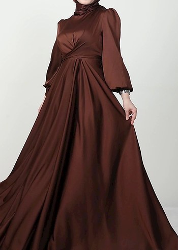 Kahverengi Uzun Drapeli Kadın Abiye Elbise - Görsel 2