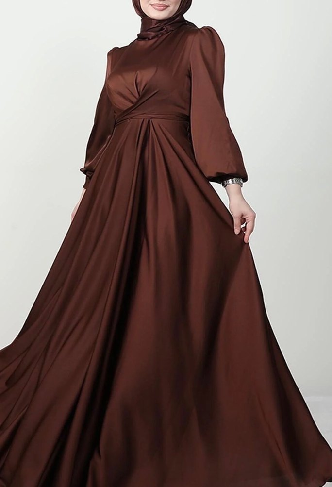 Kahverengi Uzun Drapeli Kadın Abiye Elbise - Görsel 2