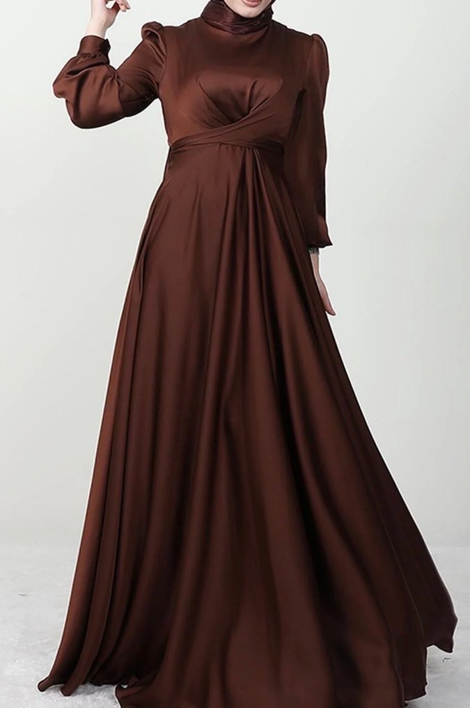 Kahverengi Uzun Drapeli Kadın Abiye Elbise - Görsel 3