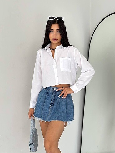 Diğer Kadın Oversize Detaylı Crop Gömlek