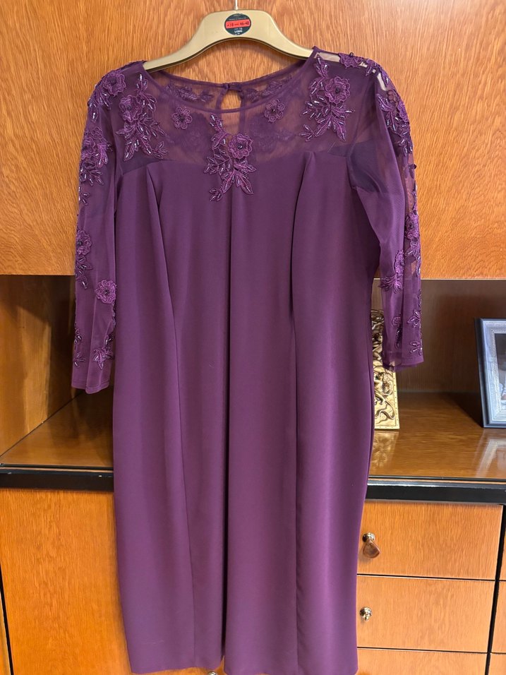 Mor Nakışlı Midi Kadın Abiye Elbise - Görsel 2