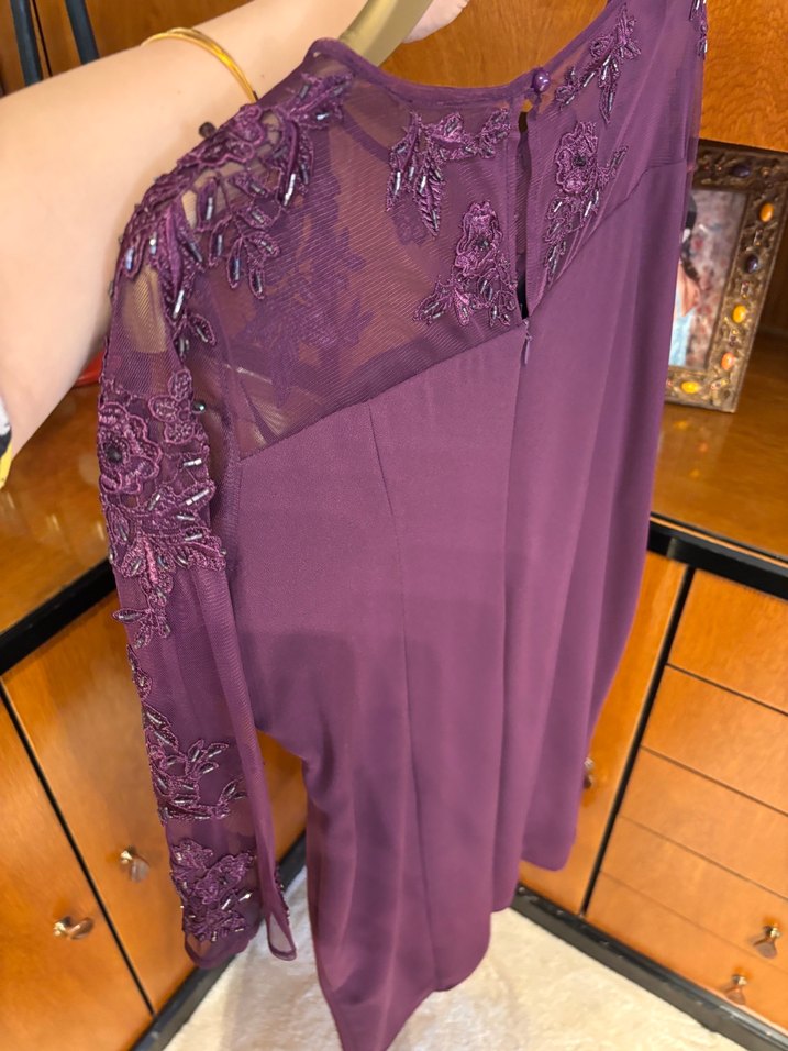 Mor Nakışlı Midi Kadın Abiye Elbise - Görsel 3