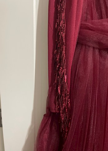 Bordo Uzun Kollu İşlemeli Abiye Elbise - Görsel 2