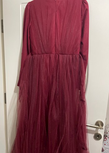 Bordo Uzun Kollu İşlemeli Abiye Elbise - Görsel 4