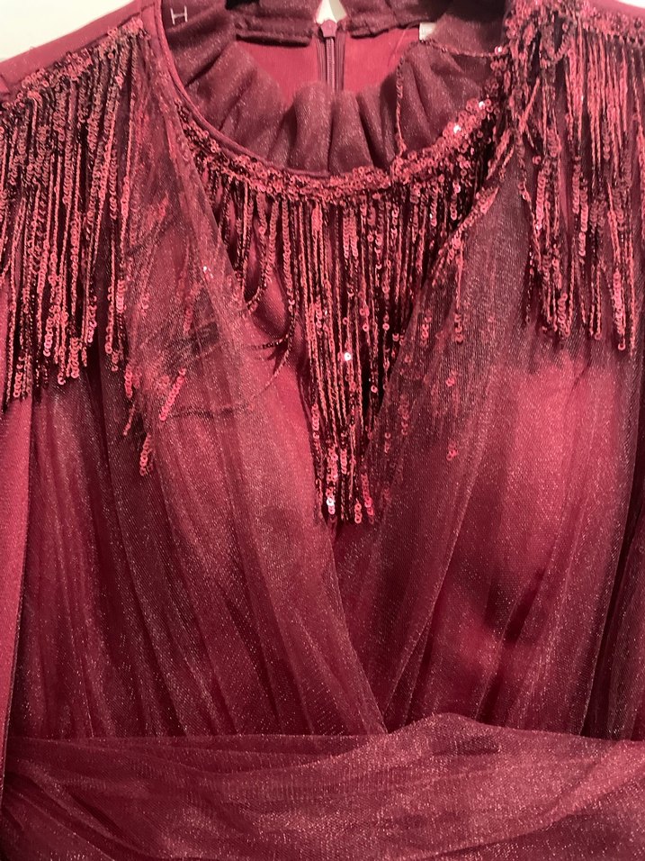 Bordo Uzun Kollu İşlemeli Abiye Elbise - Görsel 3