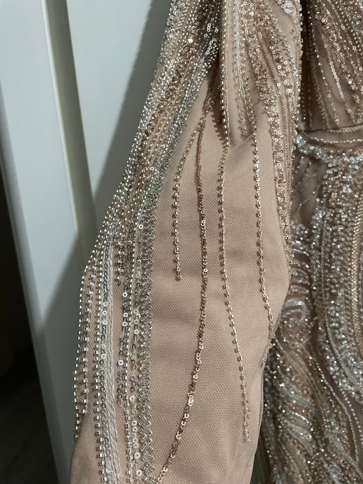 Bej Parlak Desenli Uzun Kollu Abiye Elbise - Görsel 2