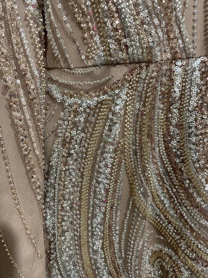 Bej Parlak Desenli Uzun Kollu Abiye Elbise - Görsel 3