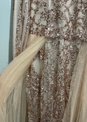 Bej Uzun Kollu Payetli Abiye Elbise - Görsel 3