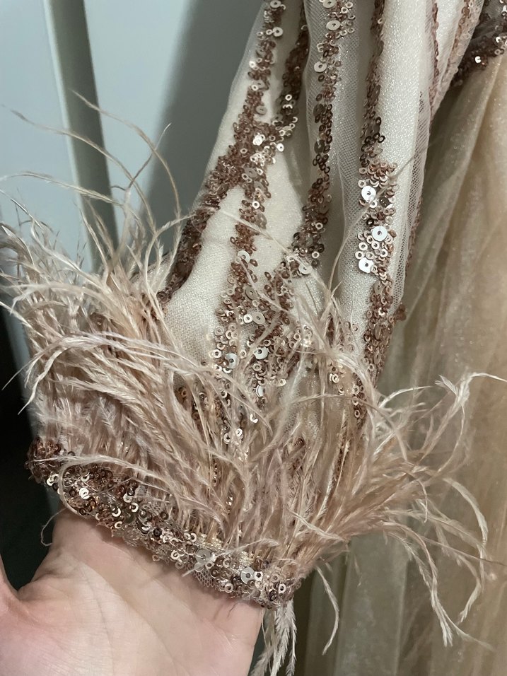 Bej Uzun Kollu Payetli Abiye Elbise - Görsel 2