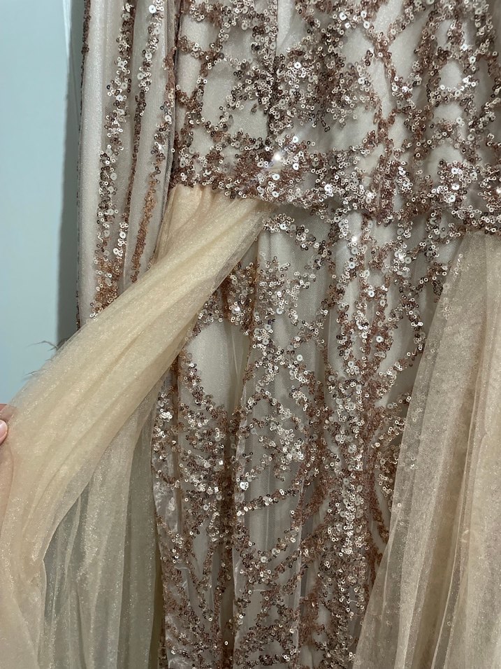 Bej Uzun Kollu Payetli Abiye Elbise - Görsel 3