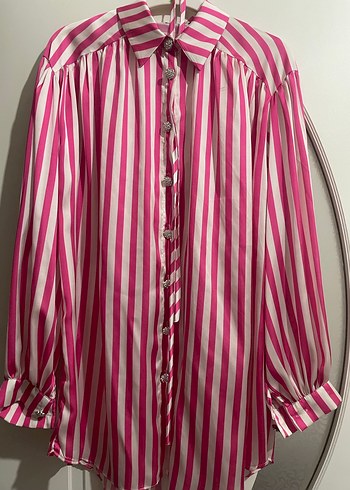 Pembe Çizgili Uzun Kollu Kadın Gömlek - Görsel 2