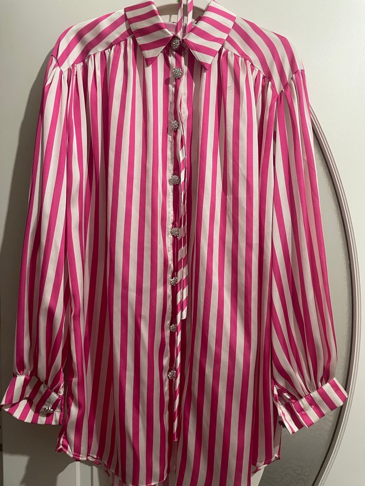 Pembe Çizgili Uzun Kollu Kadın Gömlek - Görsel 2